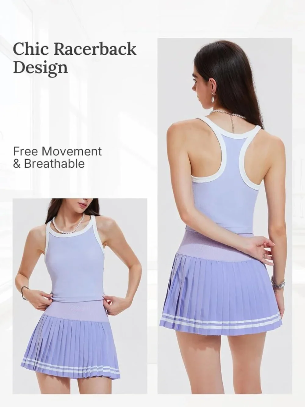 Women's Lavender 2 Piece Racer Back Tennis Skirt Tank Top Pull On Golf Dress
